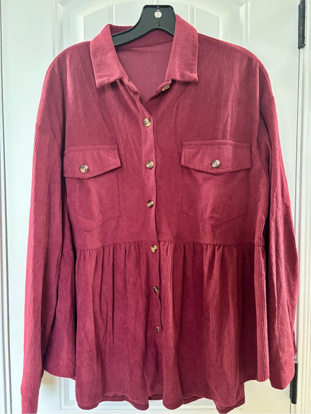 Corduroy Button-Front Peplum Shirt Jacket in Maroon
